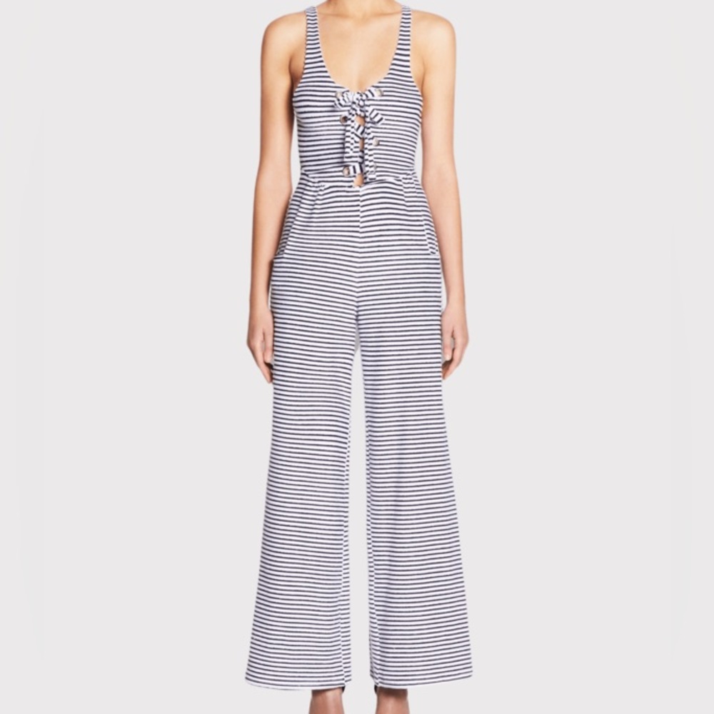 Mara Hoffman Swim Jacquard Striped Terry Cloth Lace Up Jumpsuit Small Cotton